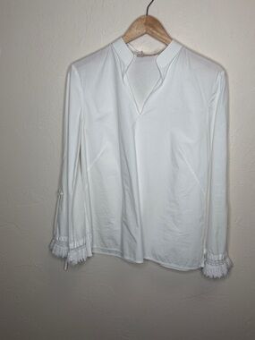 Tory Burch White V-Neck Long Sleeve Top with Fringe Cuffs